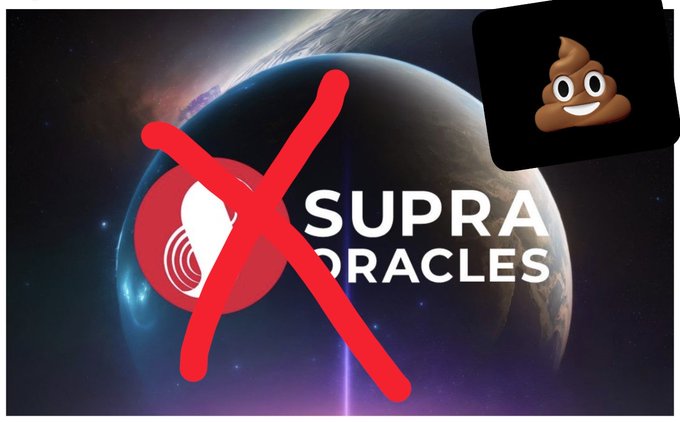 An image showing the 'Supra Oracles' logo with a large red X over it and a poop emoji in the corner, set against a space/planet background.