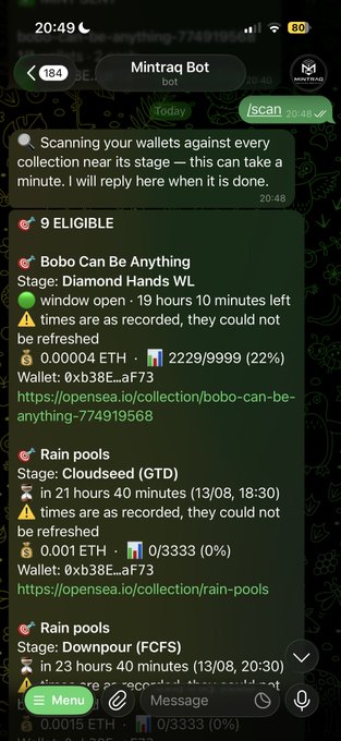 A screenshot of a Telegram chat with 'Mintraq Bot' displaying '9 ELIGIBLE' NFT collections for minting, including 'Bobo Can Be Anything' (Diamond Hands WL) and multiple 'Rain pools' stages, showing wallet eligibility percentages and Opensea links.