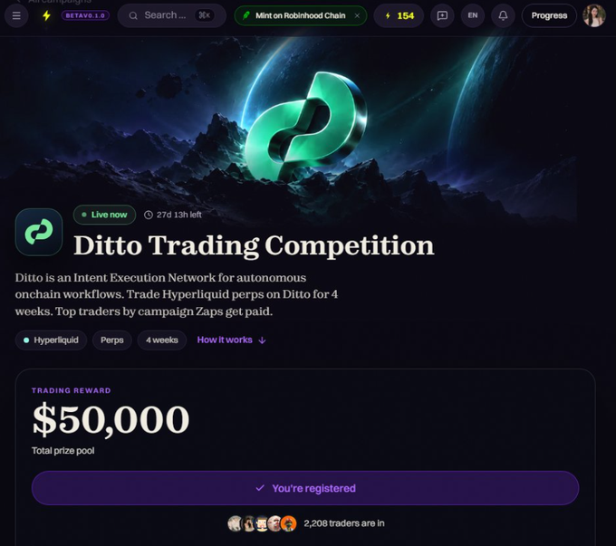 Screenshot of a "Ditto Trading Competition" page describing Ditto as an Intent Execution Network for autonomous onchain workflows on Hyperliquid perps, featuring a $50,000 total prize pool and showing the user is registered among 2,208 traders.