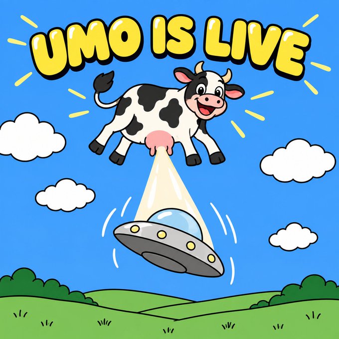 A cartoon graphic advertising 'UMO IS LIVE' with a smiling cow being abducted by a beam of light from a UFO over a green pasture.