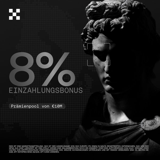 A dark promotional banner featuring a classical statue bust with '8% EINZAHLUNGSBONUS' and 'Prämienpool von €10M' text, with German risk disclaimer at the bottom referencing OKX Europe Ltd.