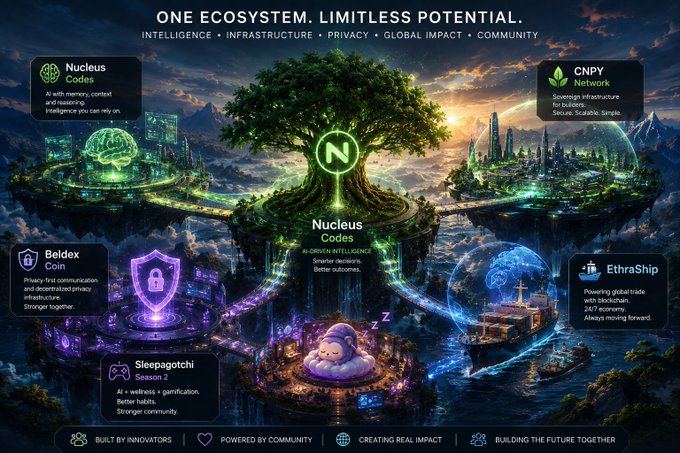 A promotional graphic titled 'ONE ECOSYSTEM. LIMITLESS POTENTIAL.' featuring a tree with an 'N' logo, surrounded by ecosystem elements like Nucleus Codes, CNPY Network, Beldex Coin, EthraShip, and Sleepagotchi Season 2.