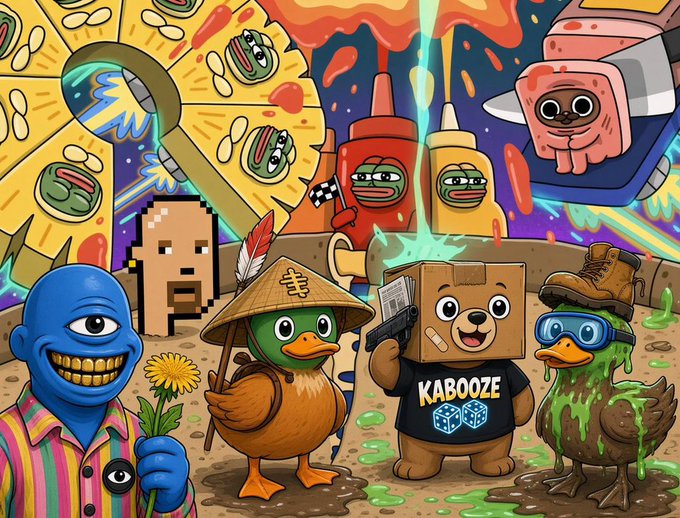 A colorful cartoon illustration featuring various NFT-style characters including a blue grinning figure, ducks in different costumes, a character wearing a Kabooze shirt, and pixelated food items.