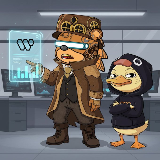 A steampunk-styled monkey with a glowing visor and top hat points at a holographic screen displaying "post rates 5.89.86" and "Earnings" with a bar graph, while a hoodie-wearing duck with crossed arms watches from the side.

The image illustrates the post's discussion of Wallchain's new feature allowing creators to adjust suggested post rates post-application, with the monkey analyst examining rate data alongside a skeptical duck mascot—visually representing the flexibility update mentioned in the tweet.