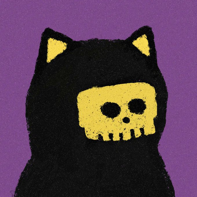 A black cat illustration with a yellow skull face and yellow inner ears set against a purple background.
