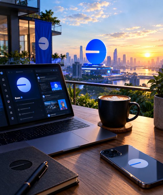 A workspace scene at sunset with a laptop, coffee mug, and smartphone displaying the 'Base' logo, overlooking a city skyline.