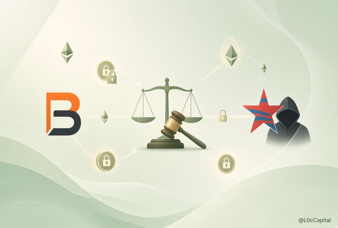 The image illustrates the Bybit hack case with its "B" logo on the left, a hooded figure representing the Lazarus Group on the right, and central symbols of justice (scales and gavel) surrounded by padlocks and Ethereum logos, representing the laundering and cross-chain movement of the stolen funds.

*Bybit, Lazarus Group, $1.5 billion stolen, $48 million recovered, Ethereum, crypto laundering.*
