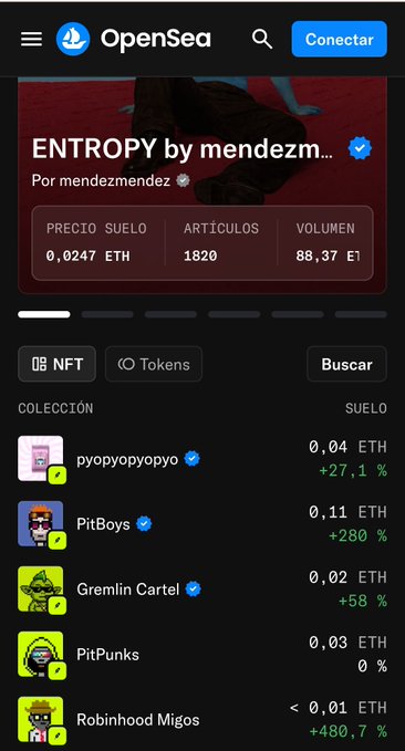 The image displays an OpenSea collection page for "ENTROPY by mendezmend..." with a floor price of 0.0247 ETH, 1820 items, and a volume of 88.37 ETH. The collection list shows pyopyopyopyo leading at 0.04 ETH (+27.1%), supporting the post's claim that it's a standout among NFT collections.