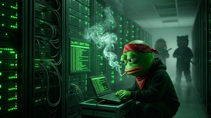 A green Pepe-style frog wearing a red bandana smokes a cigarette while working on a laptop in a dark server room, with shadowy figures lurking in the background.
