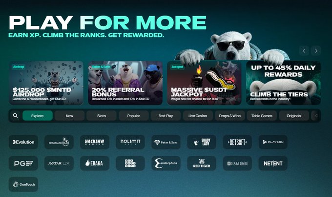 Casino gaming website 'PLAY FOR MORE' homepage featuring a polar bear mascot, promotional banners for airdrops and rewards, and logos of game providers including Evolution, Pragmatic Play, Hacksaw Gaming, and NetEnt.
