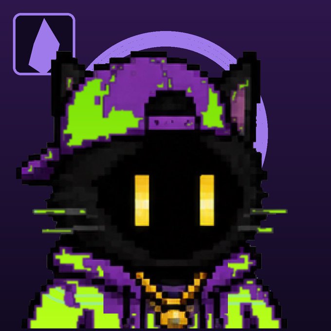 Pixel art of a black cat-like character with glowing yellow eyes wearing a purple and green hoodie, with an Ethereum logo in the top left corner.
