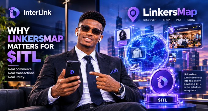 A promotional banner for 'InterLink' and 'LinkersMap' featuring a man in a suit holding a phone, with text reading 'WHY LINKERSMAP MATTERS FOR $ITL' and 'Real commerce. Real transactions. Real utility.'