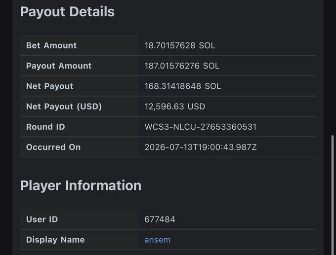 The image displays payout details showing a bet of 18.70 SOL on round WCS3-NLCU-27653360531 that resulted in a net payout of 168.31 SOL (~$12,596.63) by user "ansem" (ID 677484). This supports the post's claim by showing a recent big win under the username $ANSEM, apparently tagging @blknoiz06 to ask if the payout belongs to them.