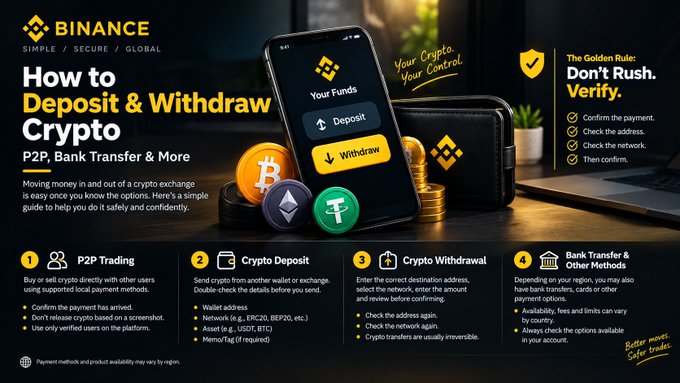 The image is a Binance infographic titled "How to Deposit & Withdraw Crypto," illustrating P2P trading, crypto deposits, crypto withdrawals, and bank transfer/other methods with a phone displaying Deposit and Withdraw options alongside Bitcoin, Ethereum, and Tether coins. The visual reinforces the guide's message by breaking down the four key funding methods users can utilize on the Binance platform.