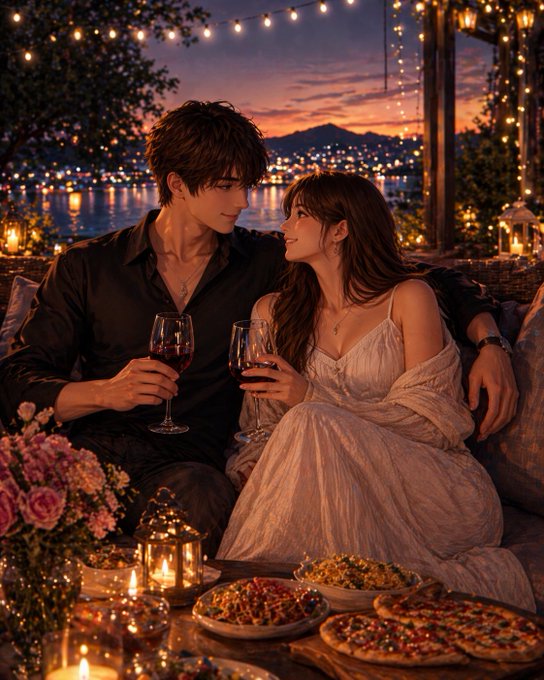 A romantic, illustrated scene of a couple sharing wine at an outdoor table set with food, lit by candles and string lights against a sunset backdrop over water.