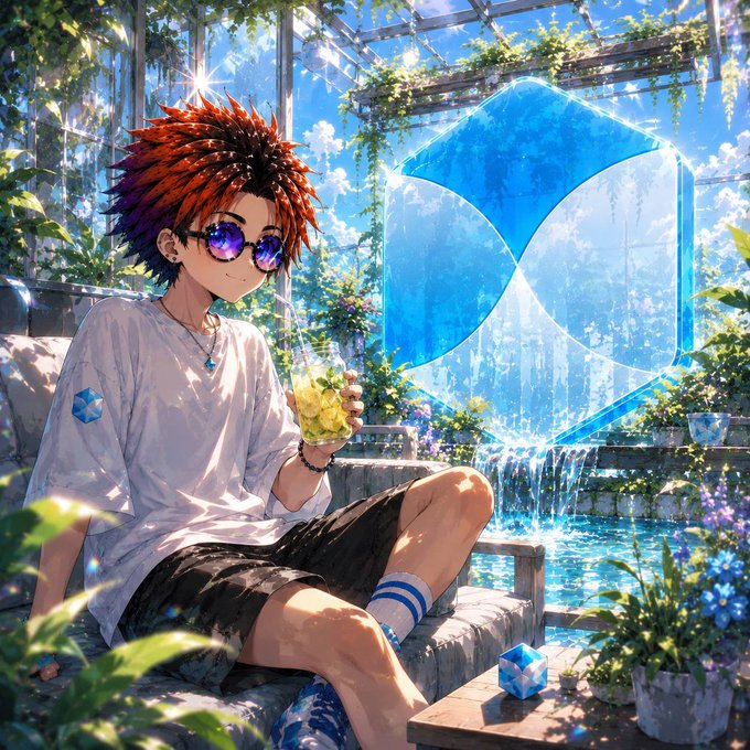 An anime-style illustration of a red-haired boy in sunglasses holding a drink, sitting in a sunlit greenhouse beside a large blue geometric logo.