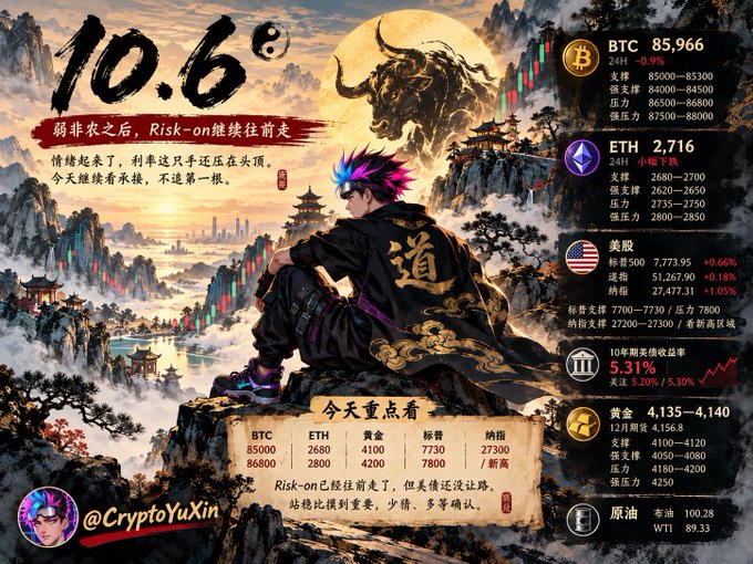Crypto market analysis graphic dated '10.6' by @CryptoYuXin showing BTC at 85,966, ETH at 2,716, gold at 4,135-4,140, with Chinese text including '弱非农之后,Risk-on继续往前走' and key trading levels for various assets.
