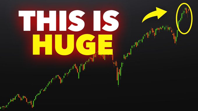The image features a dark background with a yellow circle and black text that reads "THIS IS Huge". Below this, there are two lines representing stock charts - one green line and one red line. The stock chart is showing fluctuations above the y-axis in both directions. There's also a dot located at the bottom right corner of the image.