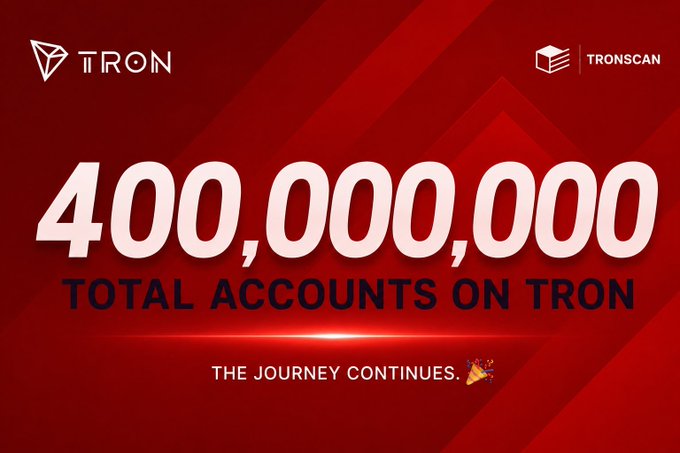 A promotional graphic displays '400,000,000 TOTAL ACCOUNTS ON TRON' in white text on a red background, with 'TRON' and 'TRONSCAN' logos and 'THE JOURNEY CONTINUES. 🎉'.