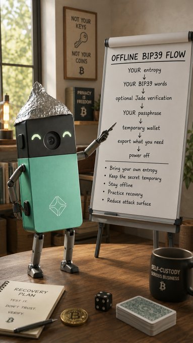 A whimsical digital illustration of a small robot wearing a tinfoil hat pointing to a flip chart titled 'OFFLINE BIP39 FLOW,' which outlines steps from 'YOUR entropy' to 'power off' alongside items like a 'SELF-CUSTODY' mug.