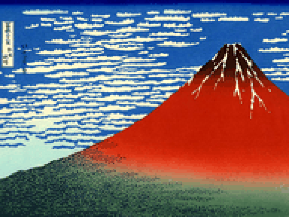 A classic Japanese ukiyo-e style woodblock print of a red Mount Fuji under a blue sky with horizontal clouds.