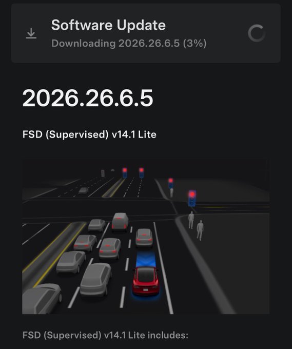 Screenshot of a Tesla software update interface showing '2026.26.6.5' downloading at 3%, featuring FSD (Supervised) v14.1 Lite with a visualization of a self-driving car at an intersection with traffic lights and pedestrians.
