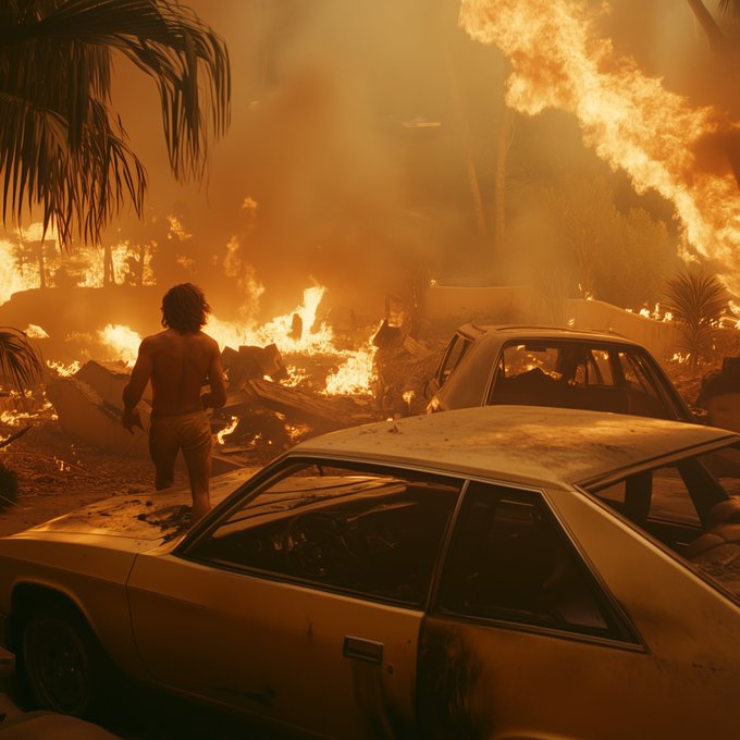 A dramatic scene of a shirtless man walking through a fiery, post-apocalyptic landscape with burning cars, palm trees, and a flaming meteor streaking across the orange sky.