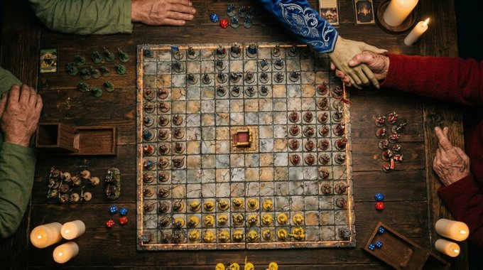 An overhead view shows a medieval-style chess or strategy board game in progress on a wooden table, with players' hands visible around the edges and dice and game pieces scattered nearby.