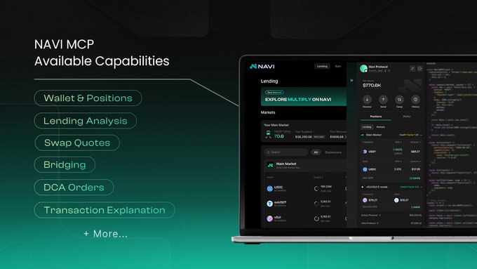 NAVI MCP (Available Capabilities) promotional graphic listing features like Wallet & Positions, Lending Analysis, Swap Quotes, Bridging, DCA Orders, and Transaction Explanation.