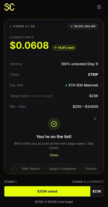 Mobile screenshot of a token sale on SC showing Stage 3/30 with a current price of $0.0608 for the STRIP token, payable with ETH on the Eth Mainnet, with a target raise of $23K and a pop-up confirmation reading 'You're on the list!'