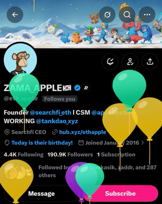 A social media profile page for 'ZAMA_APPLE' (@eth_apple) with a verified checkmark shows '190.9K Followers' and 'Searchfi CEO', decorated with festive balloon graphics.