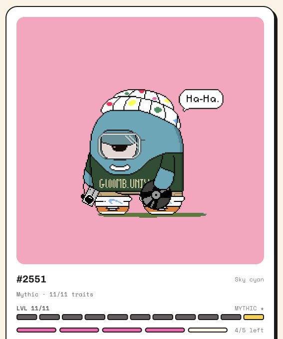A pixel-art character card labeled "#2551" with "Ha-Ha" speech bubble, featuring a cyan Among Us crewmate wearing a polka-dot shower cap, "GLOOMB.UNIT" shirt, shorts, and a walkie-talkie, tagged as a "Mythic" with "11/11 traits" at level 11/11 and 4/5 left. The "mythic evolution" caption reflects the character's full 11/11 trait status and elevated Mythic rarity shown in the card.