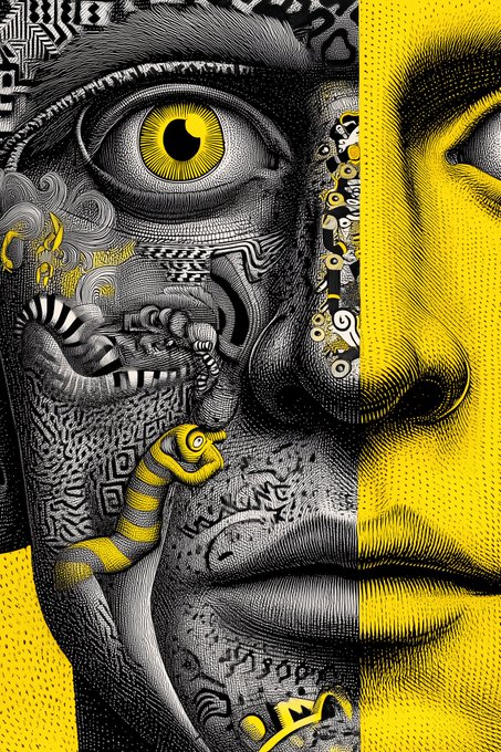 A detailed black and white engraving-style illustration of a face split down the middle, with the left side featuring yellow accents and a yellow striped eel/serpent emerging from the eye.