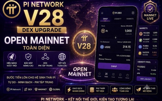 A promotional graphic for 'PI NETWORK V28 DEX UPGRADE OPEN MAINNET' featuring a smartphone displaying the Pi DEX trading interface.