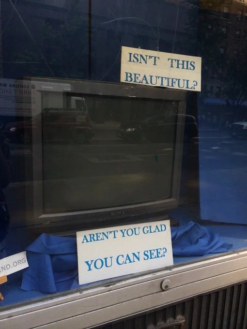 A Sony television displayed in a shop window with two signs reading 'ISN'T THIS BEAUTIFUL?' and 'AREN'T YOU GLAD YOU CAN SEE?', along with a partially visible '...ND.ORG' sticker.