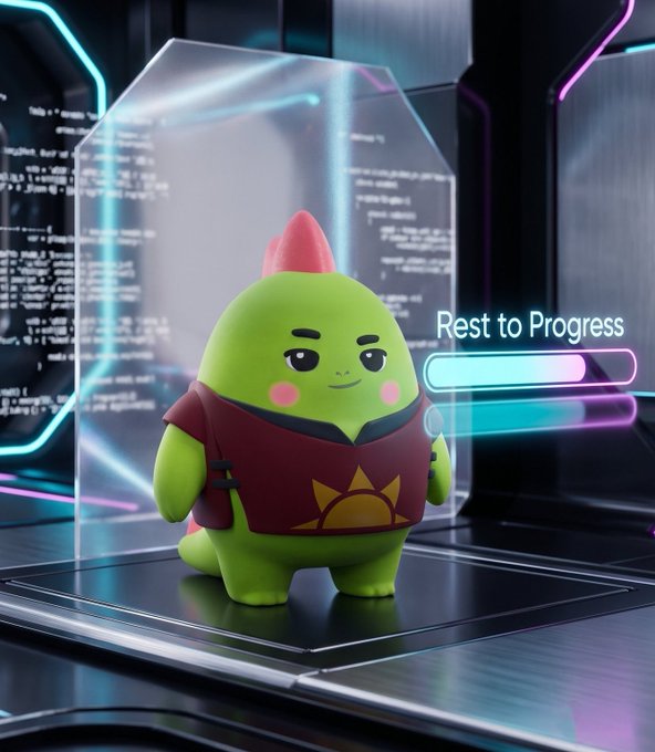 A 3D-rendered green dinosaur character with a red crest stands in a futuristic tech environment with neon lighting and floating UI text reading 'Rest to Progress'.