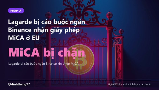 Vietnamese-language graphic with the title 'MiCA bị chặn' about Lagarde blocking Binance's MiCA license application in the EU, dated 19/09/2026, credited to @dinhthang97.