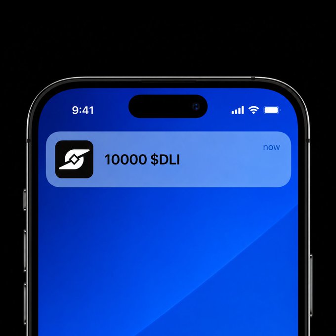 The image shows a cell phone with a blue background displaying a message from the Dlicom app. The text reads "Good Noon everyone One thing I always pay attention to in crypto is whether a project is actually building something people can use every day. That's one of the reasons why @DlicomApp continues to stay on my watchlist". This information suggests that the user might be interested in projects related to cryptocurrency and blockchain technology, as they are paying attention to how these projects can provide practical solutions for everyday users.