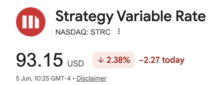 The image shows a stock ticker for Strategy Variable Rate (NASDAQ: STRC) at $93.15 USD, down 2.38% or $2.27, as of 5 Jun at 10:25 GMT-4. The image relates to the post by showing STRC trading at $93, one of the price points the author references where "well informed" commenters on Financial Twitter made exaggerated comparisons to Luna and FTX crypto collapses—illustrating the author's point about premature panic during temporary price dips.
