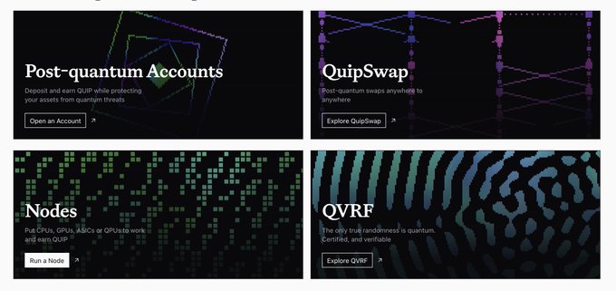 Four promotional panels for QUBIC: 'Post-quantum Accounts', 'QuipSwap', 'Nodes', and 'QVRF', each with descriptive text and call-to-action buttons.
