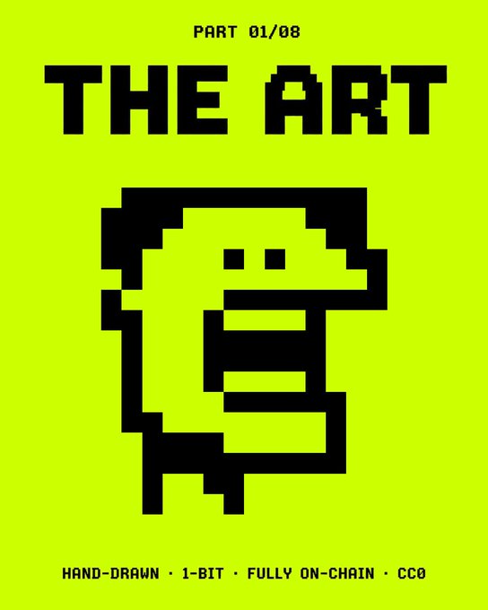 A bright yellow-green cover card for "PART 01/08 — THE ART" featuring a black 1-bit pixel-art hoodie character, with bottom text reading "HAND-DRAWN • 1-BIT • FULLY ON-CHAIN • CC0," matching the post's announcement of the hand-drawn, pixel-by-pixel, on-chain hoodie artwork preceding the $OCH launch.