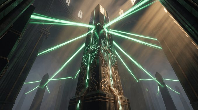 A dark fantasy/cinematic scene featuring a tall ornate obelisk or pillar emitting green glowing energy beams in a cathedral-like setting.