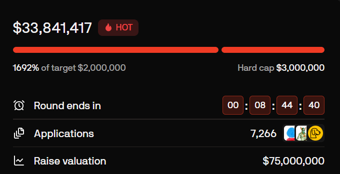 A fundraising dashboard displays $33,841,417 raised, marked 'HOT,' representing 1692% of the $2,000,000 target against a $3,000,000 hard cap, with 7,266 applications and a $75,000,000 raise valuation.