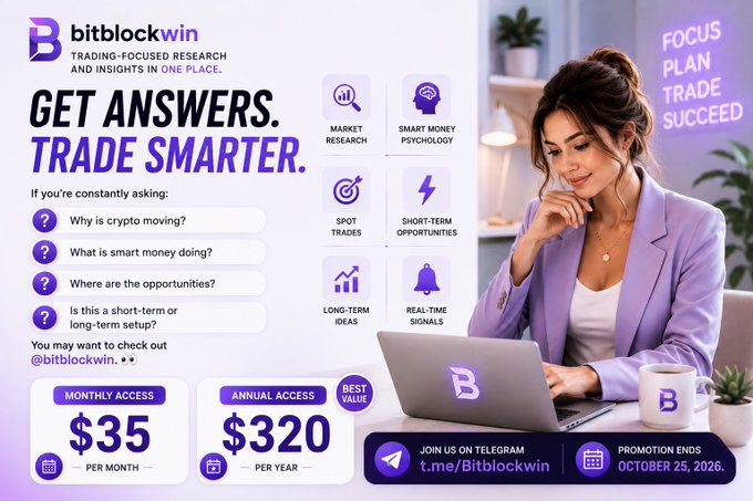 This image is a promotional advertisement for Bitblockwin, a crypto trading research service, featuring a woman in a purple blazer working on a laptop with a neon "FOCUS PLAN TRADE SUCCEED" sign in the background. It highlights their offerings—Market Research, Smart Money Psychology, Spot Trades, Short-Term Opportunities, Long-Term Ideas, and Real-Time Signals—with pricing of $35/month or $320/year, and a Telegram link (@Bitblockwin).