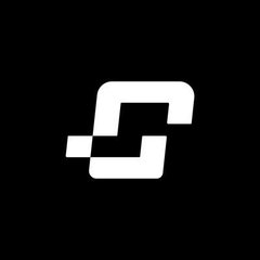 A black background featuring a white, geometric logo resembling interlocking squares or a stylized letter.