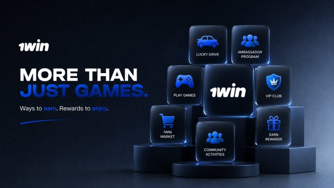The image is a promotional banner for "1win" featuring the tagline "MORE THAN JUST GAMES. Ways to earn. Rewards to enjoy." alongside icons representing various features like Lucky Drive, Ambassador Program, Play Games, VIP Club, 1win Market, Community Activities, and Earn Rewards. It relates to the post by highlighting 1win's broader ecosystem beyond just gaming, tying into the 200K USDT tournament mentioned, where players can earn points across supported games like Slots and Quick Games to climb the leaderboard.