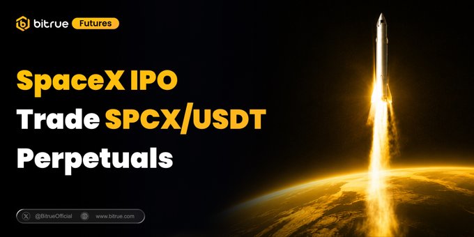The image shows a space rocket soaring through the sky with a text overlay reading "Trade SpaceX IPO Trade Spcx/USDT Perpetuals" against a black background, which contrasts with the white text of the post. The post is about a competition where people can win daily airdrops in exchange for investing their capital into cryptocurrency markets.
