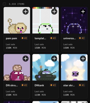 The image shows a NFT marketplace listing page with 3,333 items, displaying various NFT collections like "pam pam" (#2, 150K MON), "template" (#2, 150K MON), "universe" (#2, 150K MON), "DN skrub" (#2, 150K MON), "DNtank" (#2, 110K MON), and "star skr..." (#1, 110K MON).

The image directly illustrates the post's claim about Monad NFT sales, visually demonstrating that "DN skrub" holds the #2 position with a 150K MON sale (as referenced by the asterisked "mogged" caption emphasizing DN's dominance), while other projects share similar rankings or show lower values like the 110K MON sales.