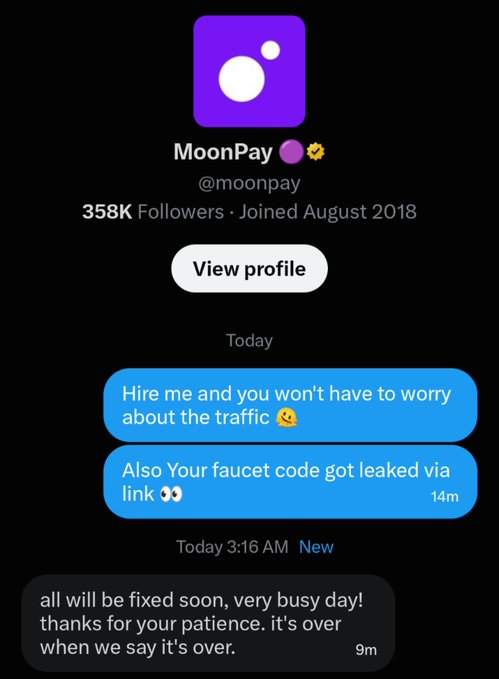 A screenshot of the MoonPay (@moonpay) Twitter/X profile shows the official account, which has 358K followers, playfully replying to a user who had joked about "hire me and you won't have to worry about the traffic" with a serious-toned message about a leaked "faucet code" being fixed, directly engaging with the user's viral post.