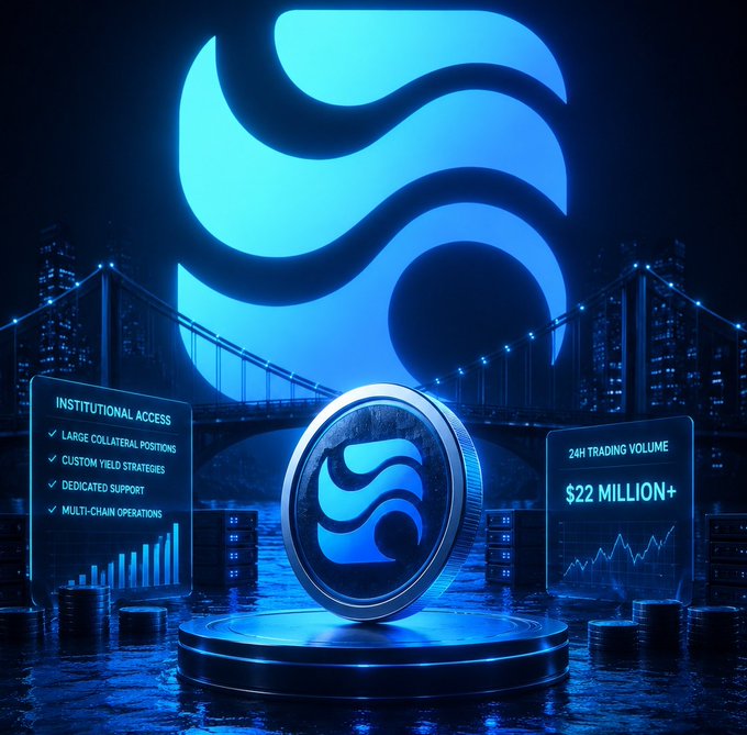 The image features a coin with a blue background and a white logo that says "S" on it. The coin is placed on a platform surrounded by stacks of money. In front of the coin, there are two signs - one reading "24 Million +" and another stating "institutional trading volume". These signs indicate that this image is related to an institutional trading platform or portal for cryptocurrency investors.